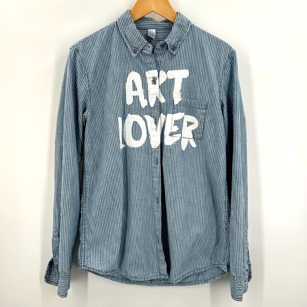 Alternative striped denim button down long sleeved shirt woman Large
